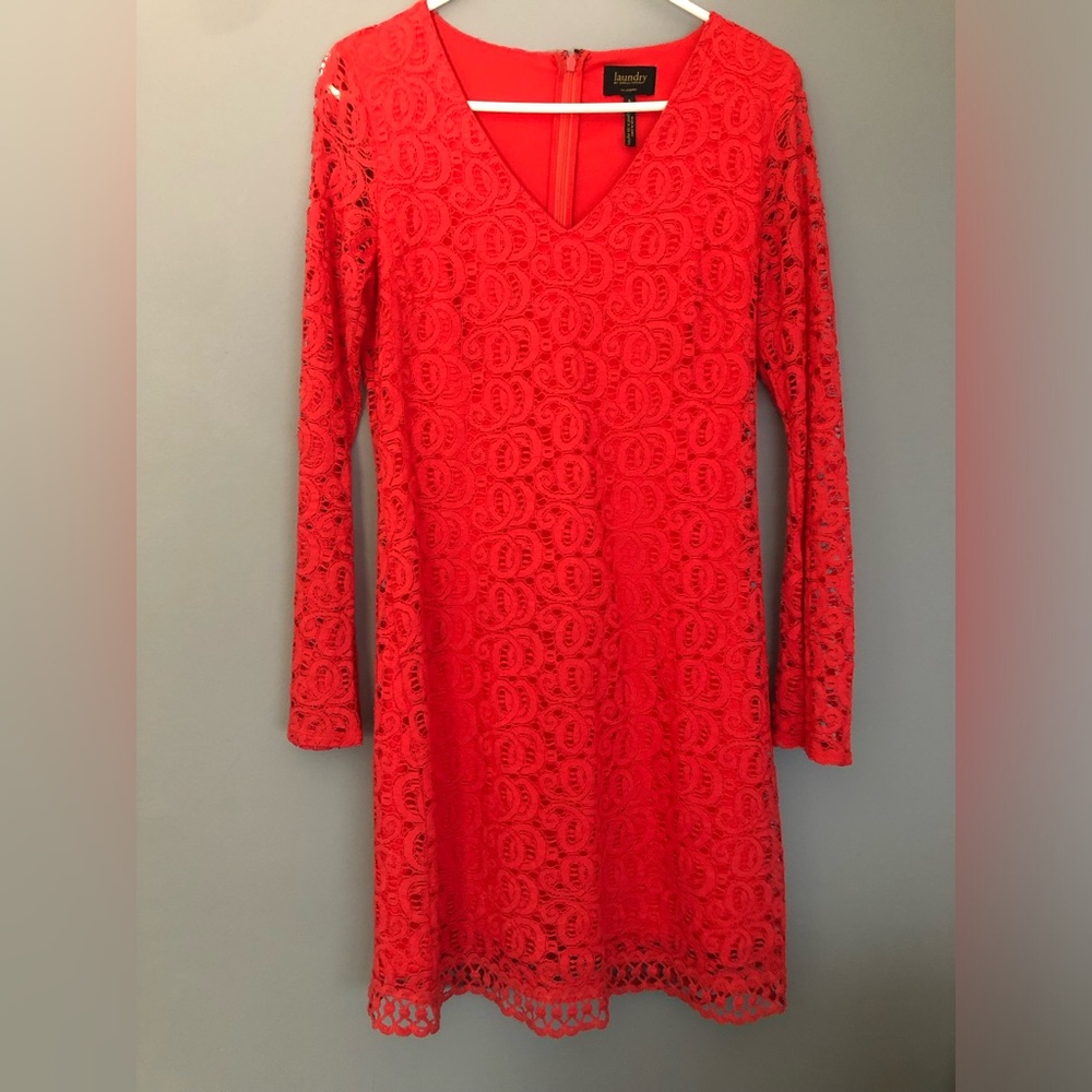 Laundry by Shelli Segal size 6 Ling Sleeve V Neck Lace Dress Coral Orange Pink